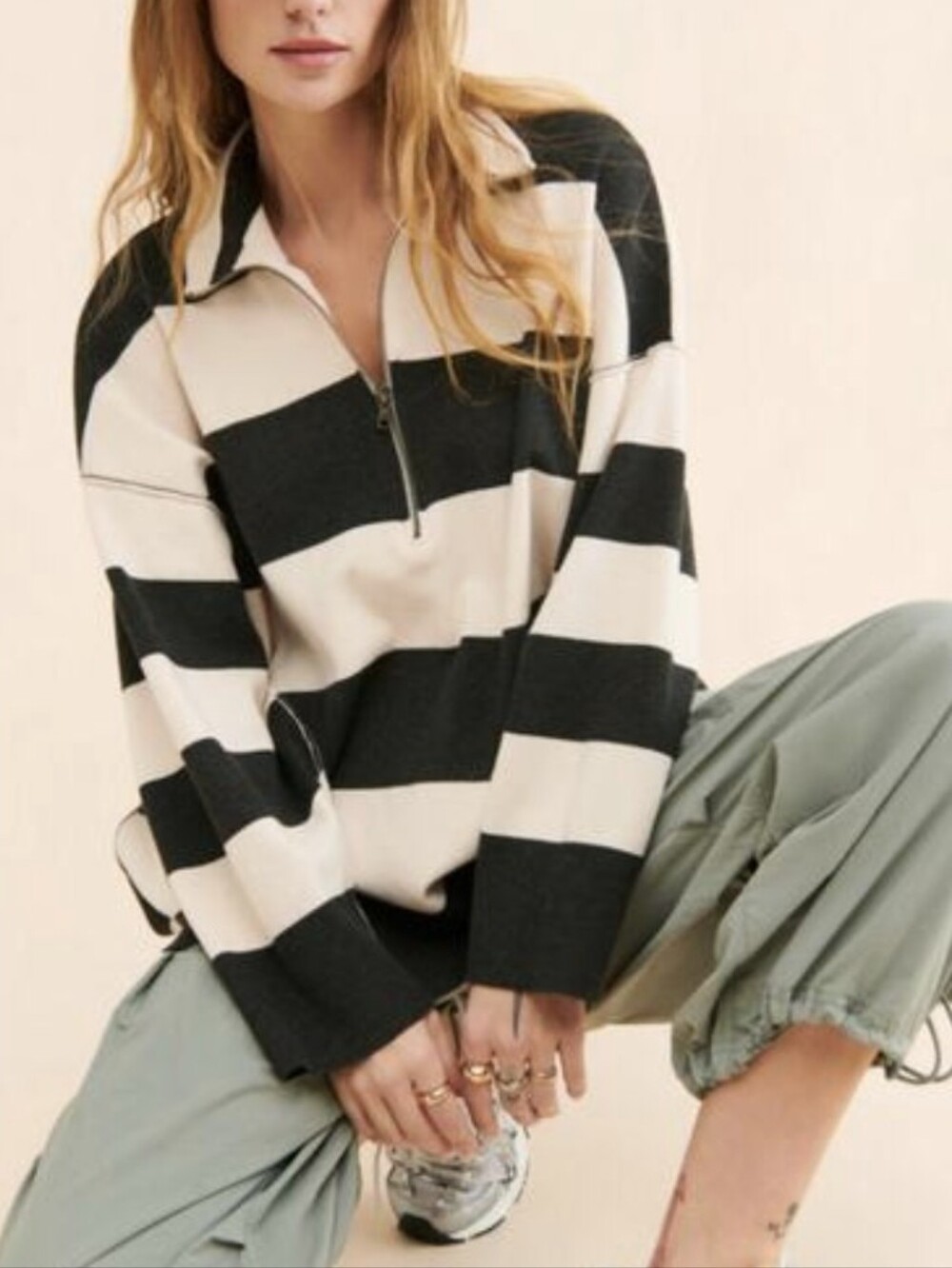 EUC Free People Coastal Stripe Pullover Half Zip Carbon Champagne Sweater Top
